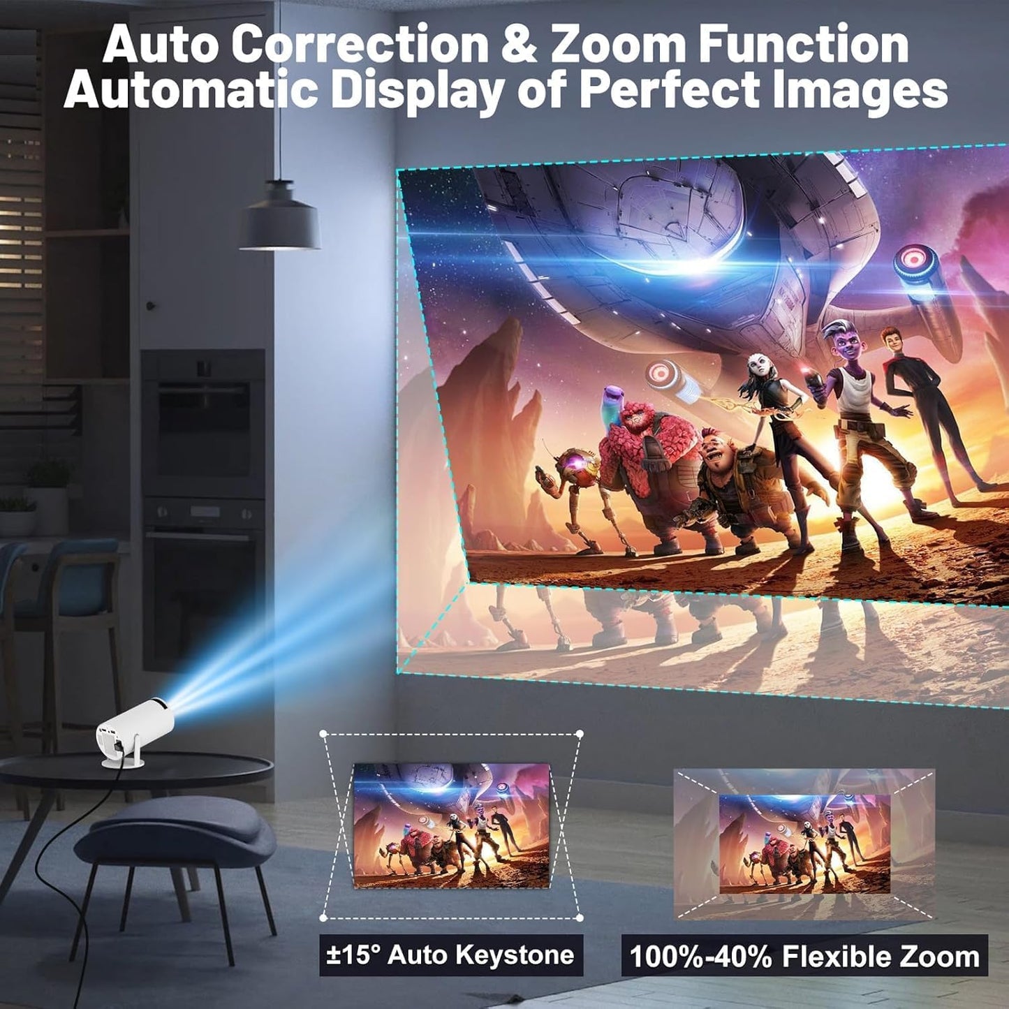 Portable Android 11 Smart Projector 1080P Full HD with 4K Support, WiFi 6, Bluetooth and Rotatable Stand for Home Theater