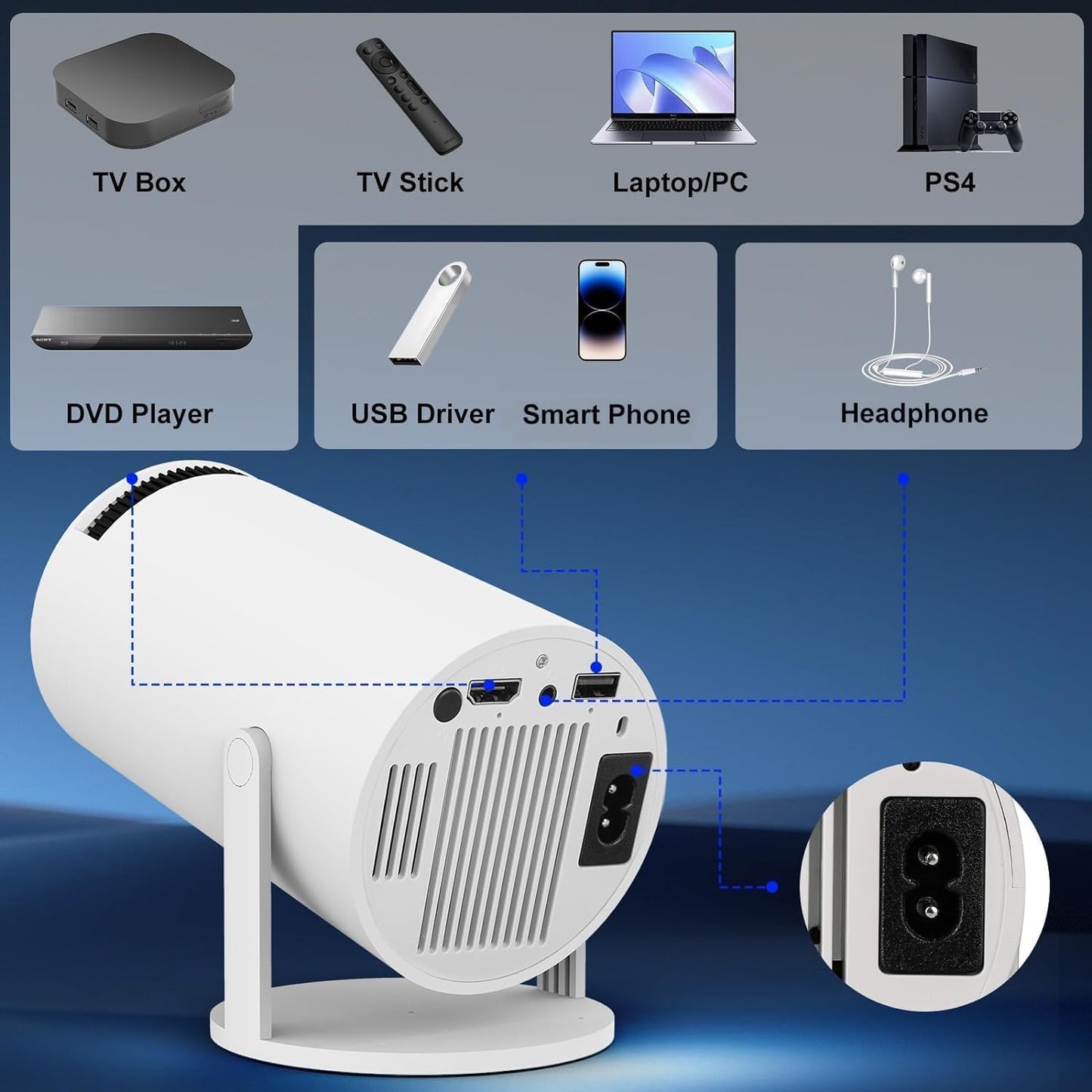 Portable Android 11 Smart Projector 1080P Full HD with 4K Support, WiFi 6, Bluetooth and Rotatable Stand for Home Theater
