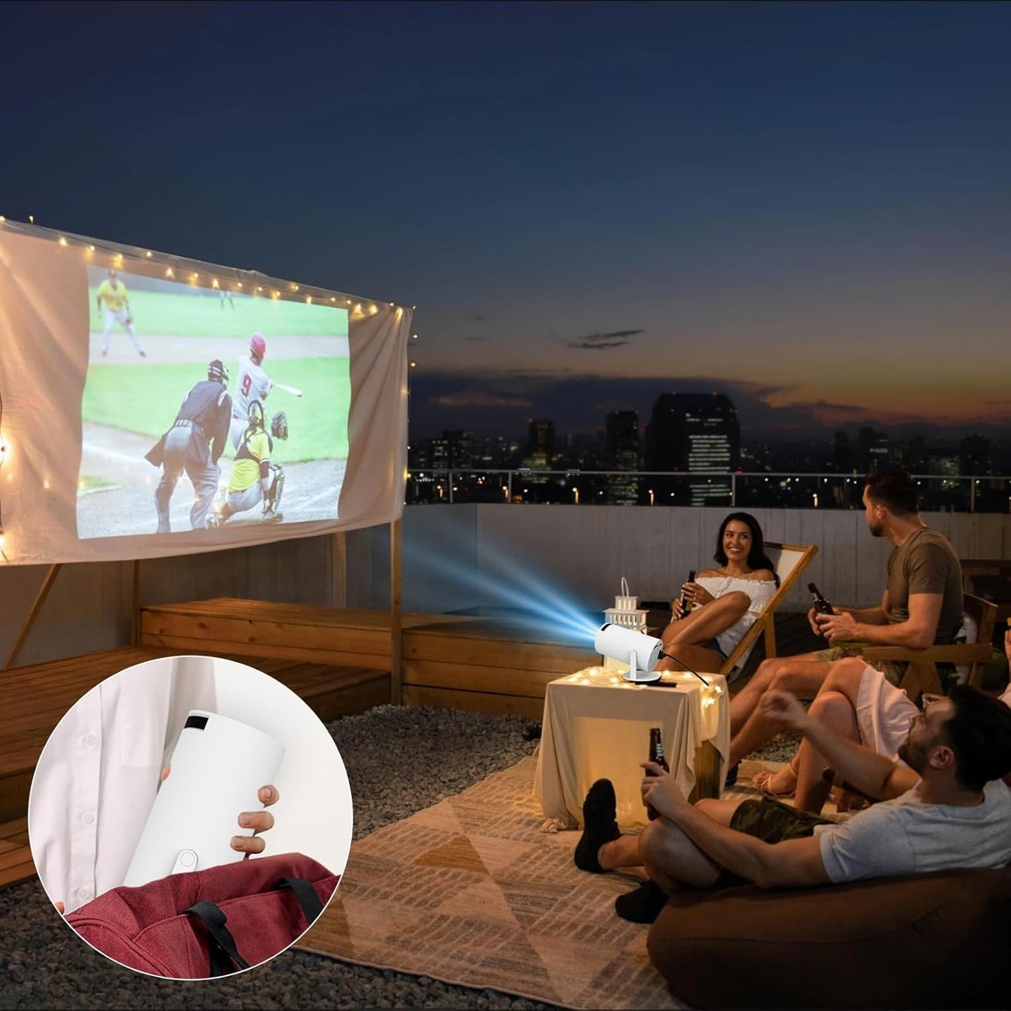 Portable Android 11 Smart Projector 1080P Full HD with 4K Support, WiFi 6, Bluetooth and Rotatable Stand for Home Theater