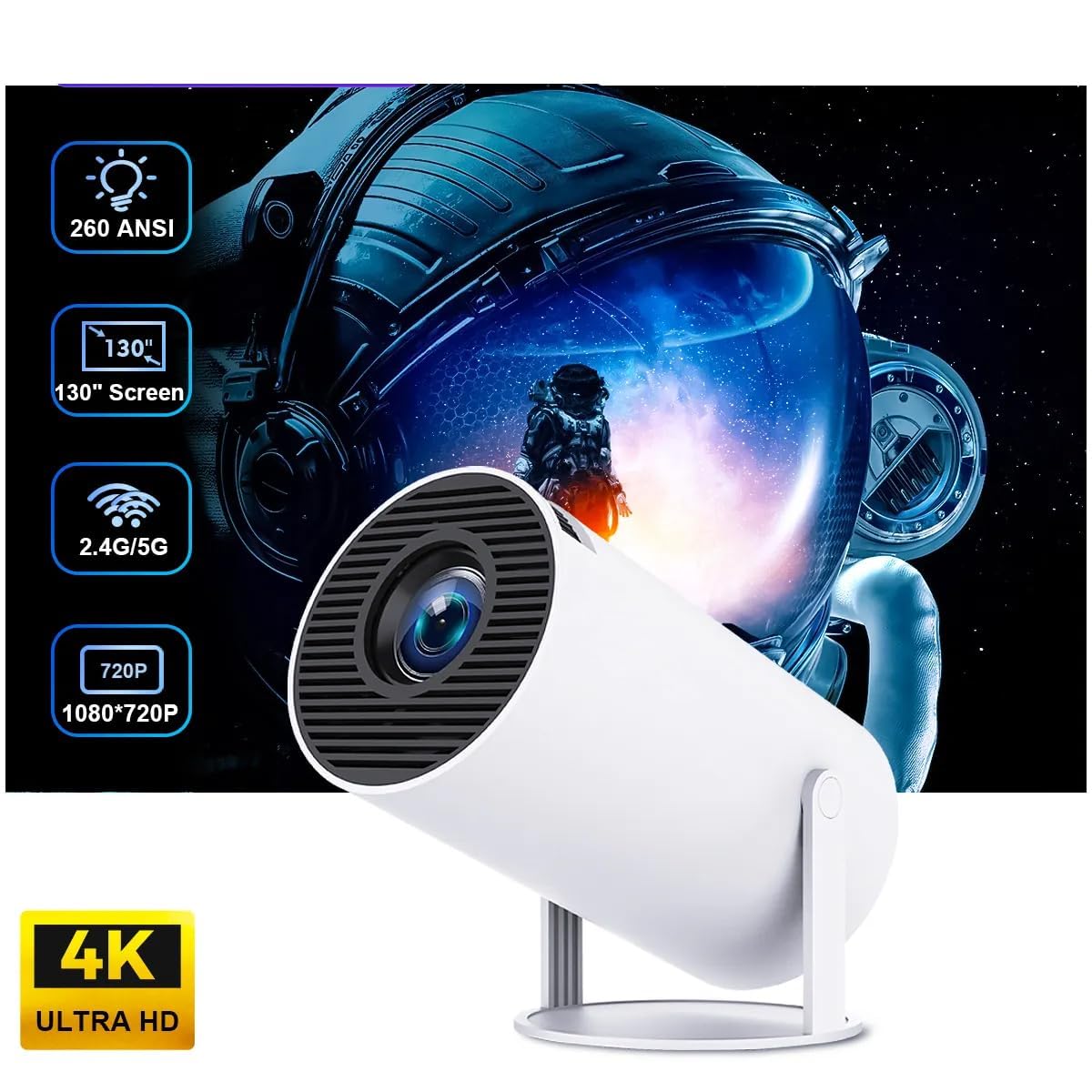 Portable Android 11 Smart Projector 1080P Full HD with 4K Support, WiFi 6, Bluetooth and Rotatable Stand for Home Theater