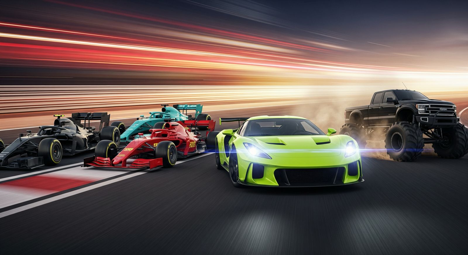 Four types of cars racing on a track with blurred lights in the background